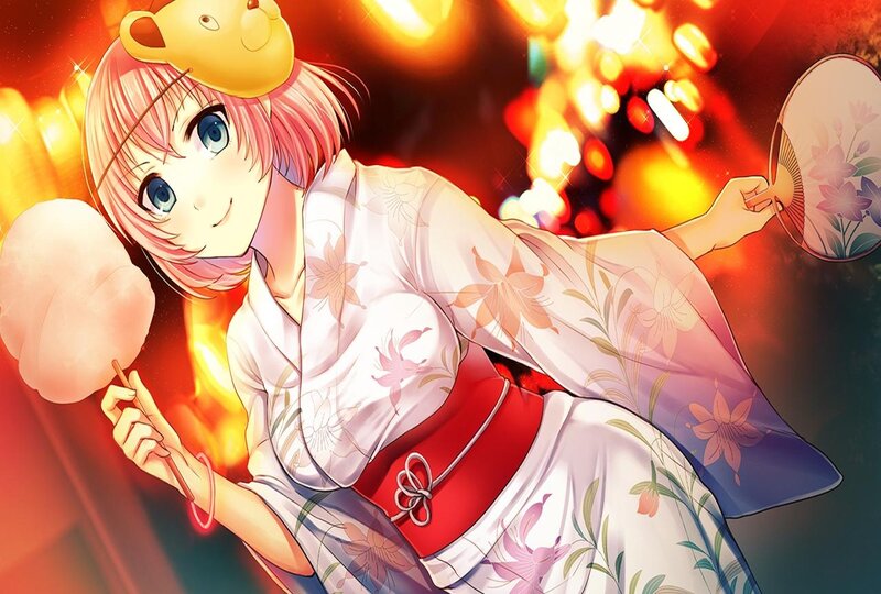 Anime Girl in Kimono — Red, Festive, Night, Cotton Candy