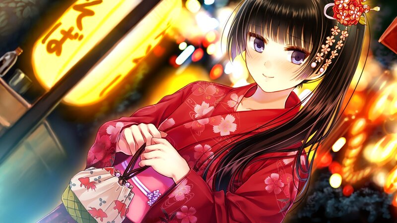 Anime Girl in Kimono — Red, Festive, Night, Digital Art, Lanterns