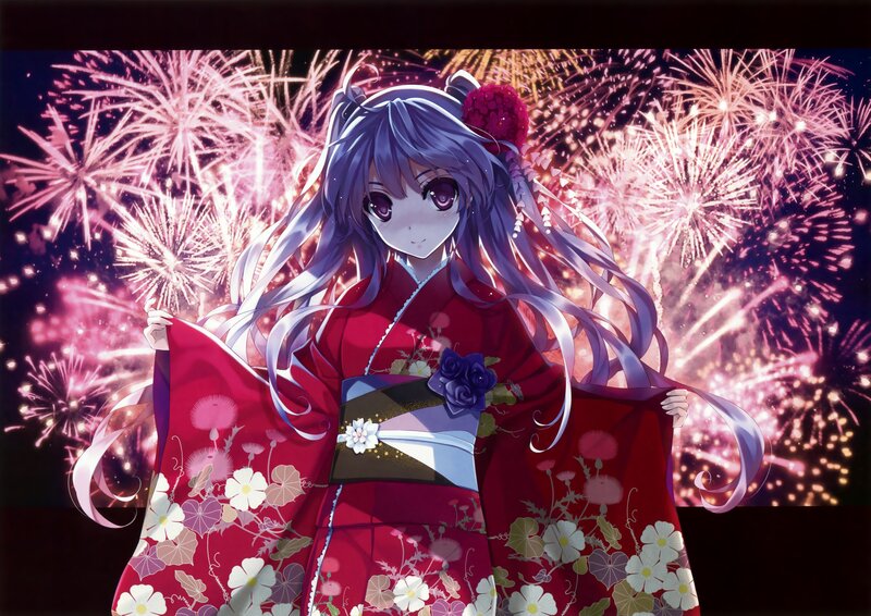 Anime Girl in Kimono — Red, Festive, Night, Digital Art