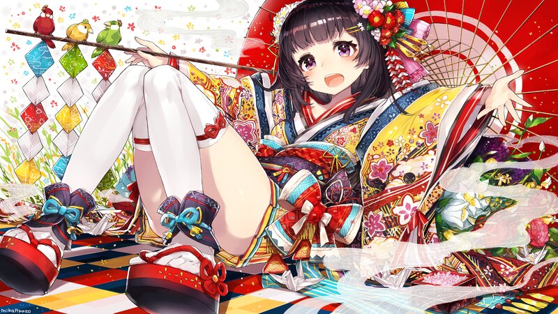 Anime Girl in Kimono — Red, Festive, Spring, Digital Art, Birds, Umbrella