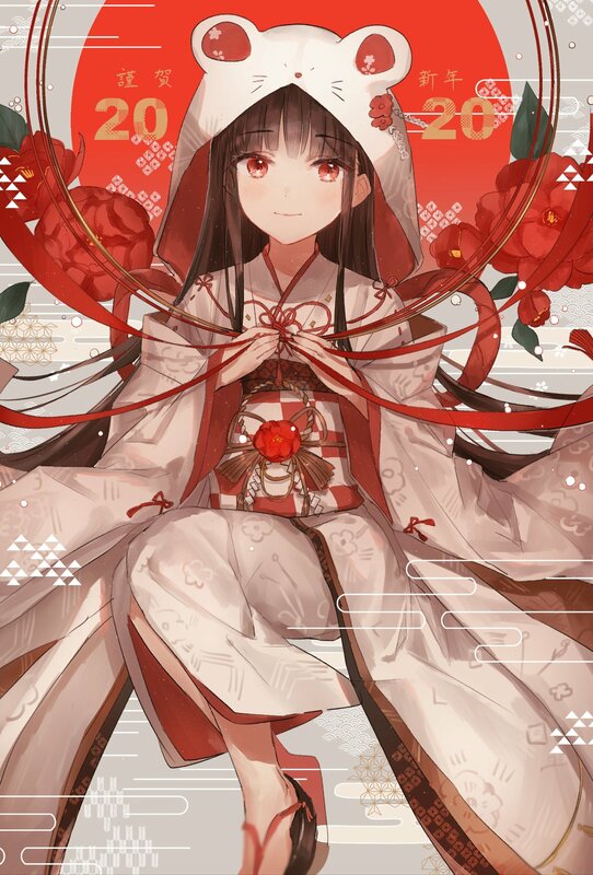 Anime Girl in Kimono — Red, Festive, Spring, Digital Art, Flower