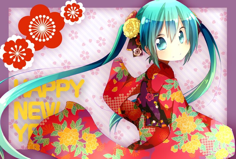 Anime Girl in Kimono — Red, Festive, Spring, Digital Art, Flowers, Text
