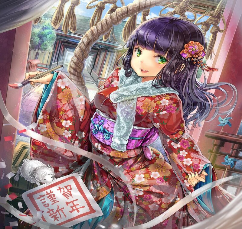Anime Girl in Kimono — Red, Festive, Spring, Digital Art, Sheep