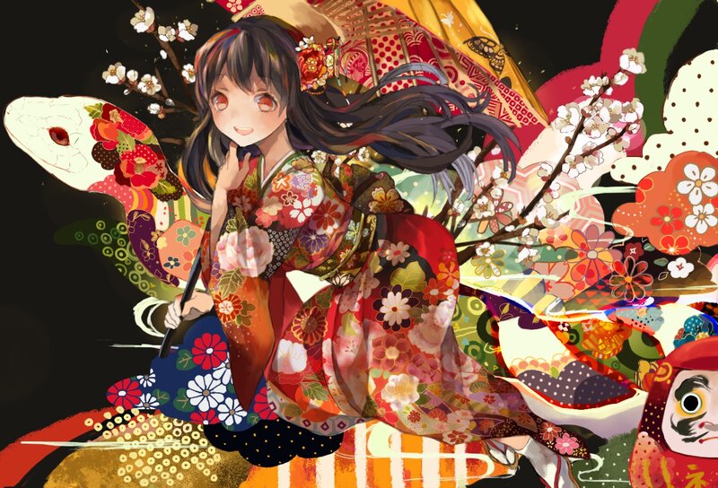Anime Girl in Kimono — Red, Festive, Spring, Digital Art, Umbrella