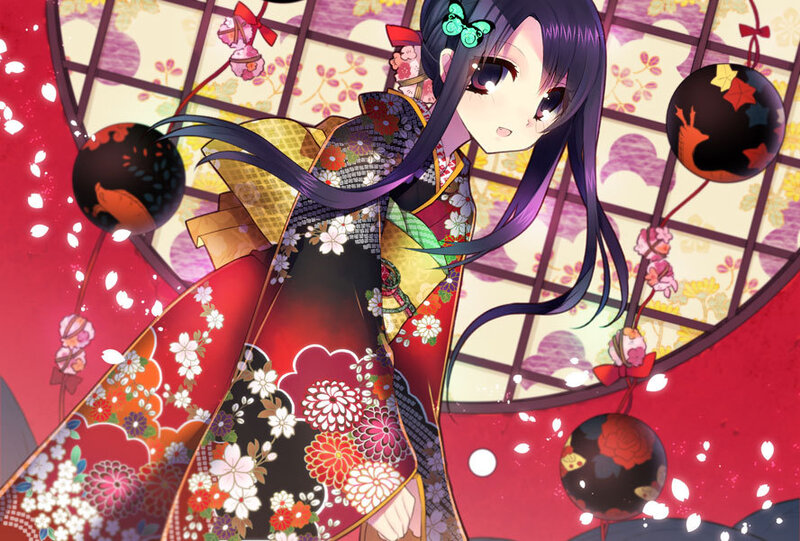 Anime Girl in Kimono — Red, Festive, Spring