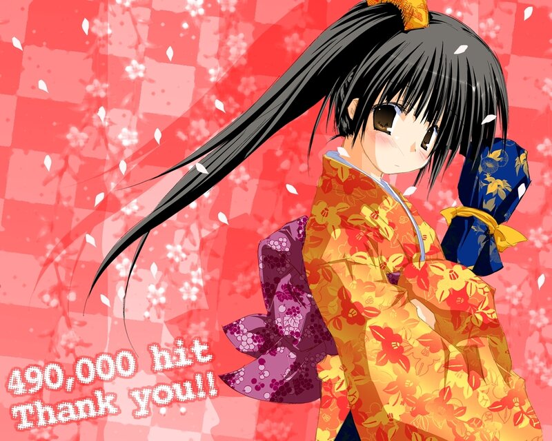 Anime Girl in Kimono — Red, Festive, Spring, Umbrella, Cherry Blossoms