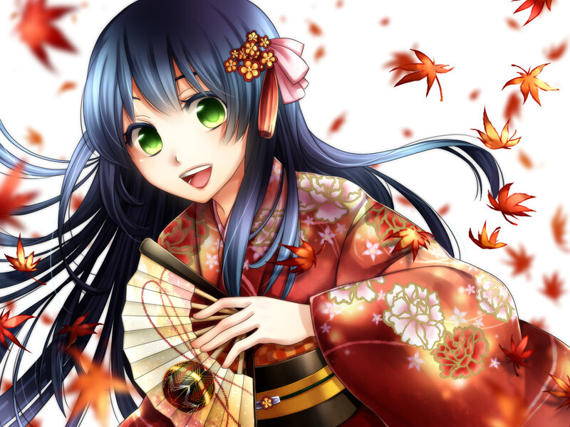 Anime Girl in Kimono — Red, Playful, Autumn