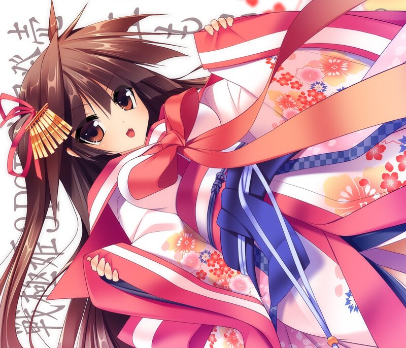 Anime Girl in Kimono — Red, Playful, Ribbon