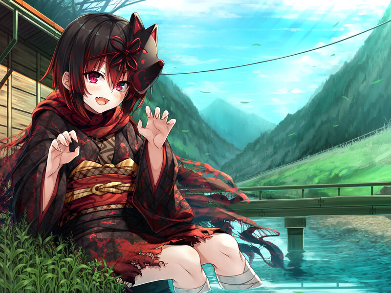 Anime Girl in Kimono — Red, Serene, Afternoon, Digital Art, Mountains