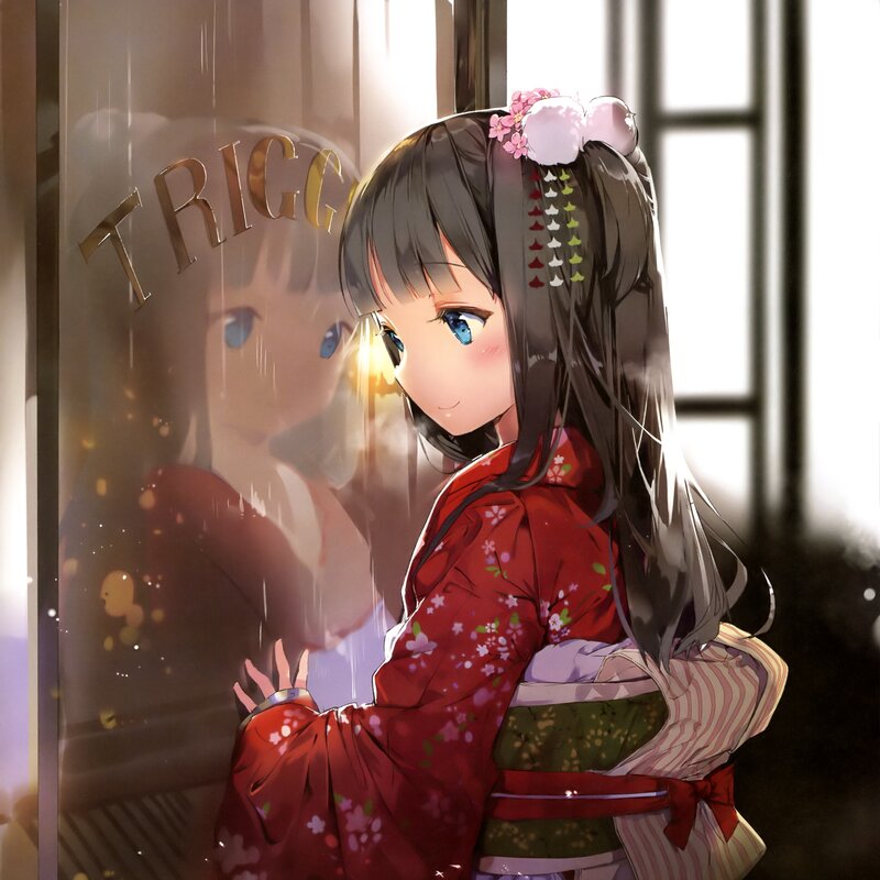 Anime Girl in Kimono — Red, Serene, Afternoon, Digital Art
