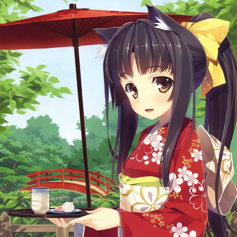 Anime Girl in Kimono — Red, Serene, Afternoon, Umbrella