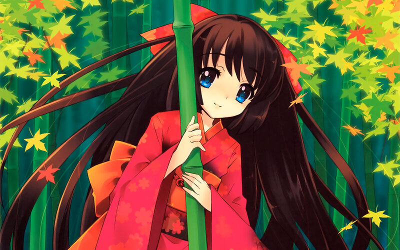 Anime Girl in Kimono — Red, Serene, Autumn, Bamboo
