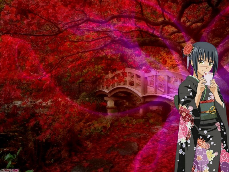 Anime Girl in Kimono — Red, Serene, Autumn, Bridge