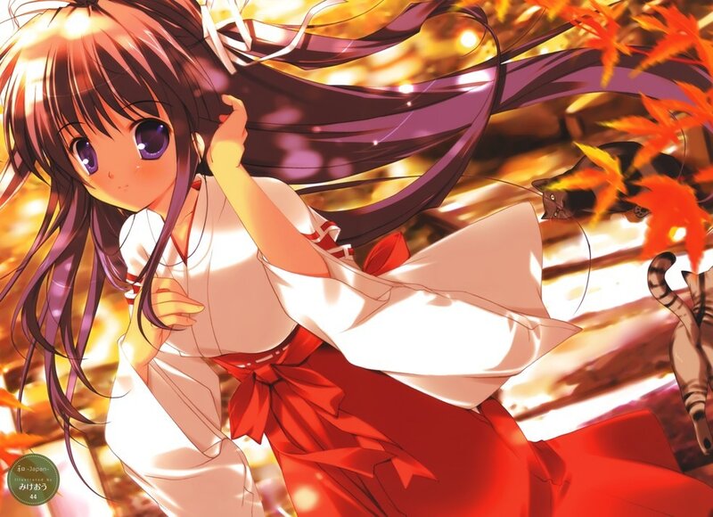 Anime Girl in Kimono — Red, Serene, Autumn, Cat