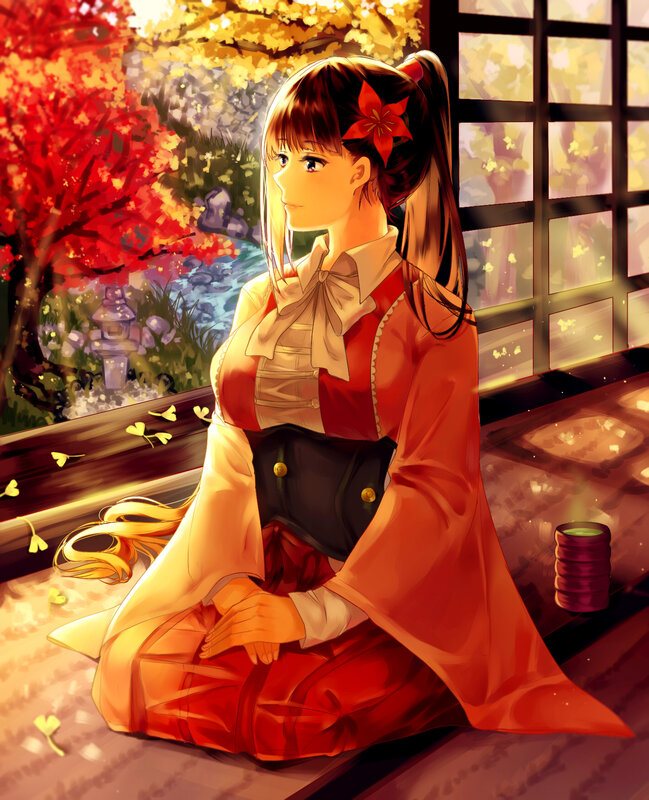 Anime Girl in Kimono — Red, Serene, Autumn, Digital Art, Red Flower