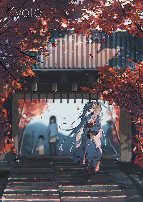 Anime Girl in Kimono — Red, Serene, Autumn, Digital Art, Red Leaves