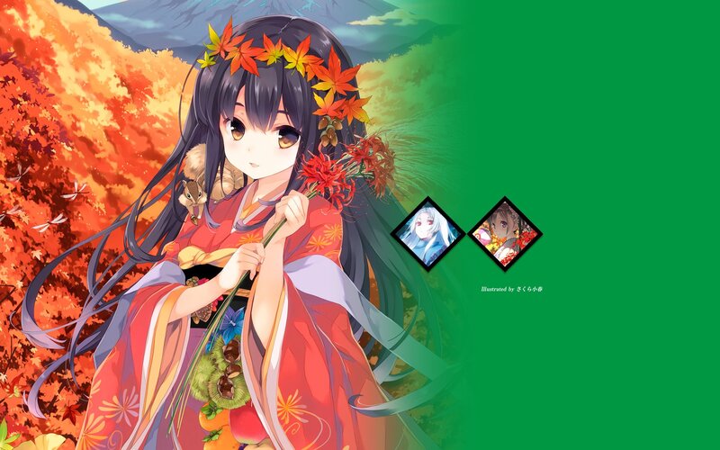 Anime Girl in Kimono — Red, Serene, Autumn, Digital Art, Squirrel