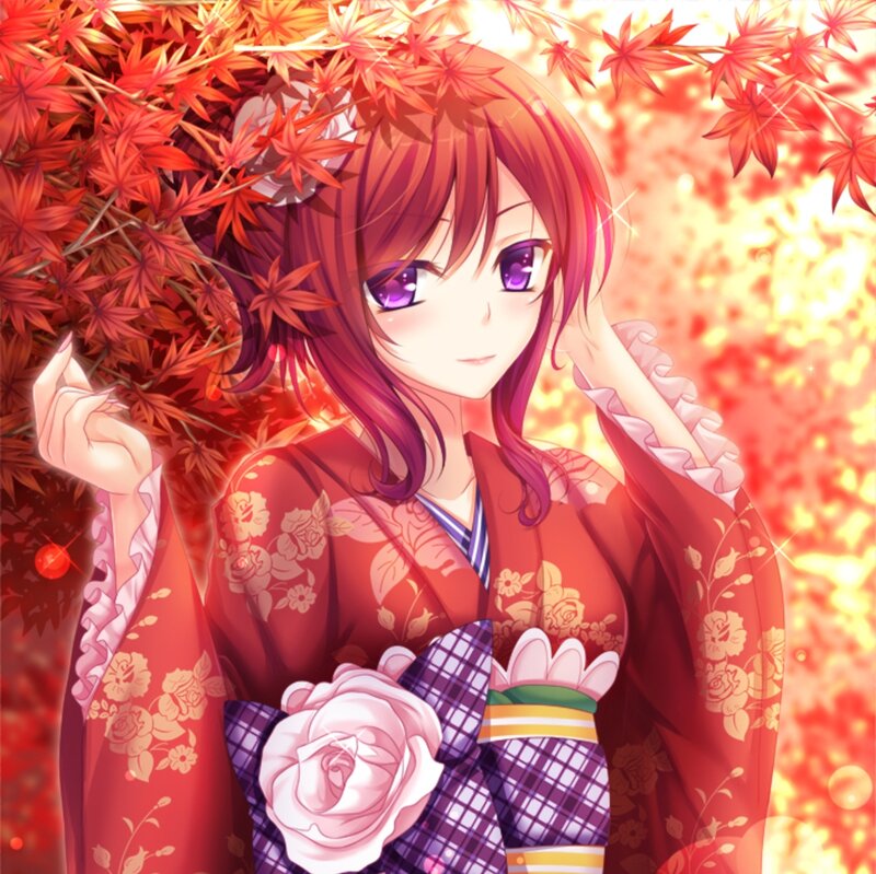 Anime Girl in Kimono — Red, Serene, Autumn, Maple Leaves