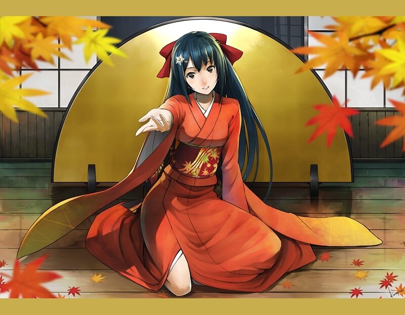 Anime Girl in Kimono — Red, Serene, Autumn