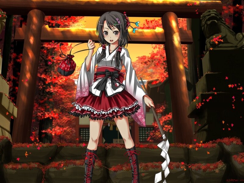 Anime Girl in Kimono — Red, Serene, Autumn, Torii Gate