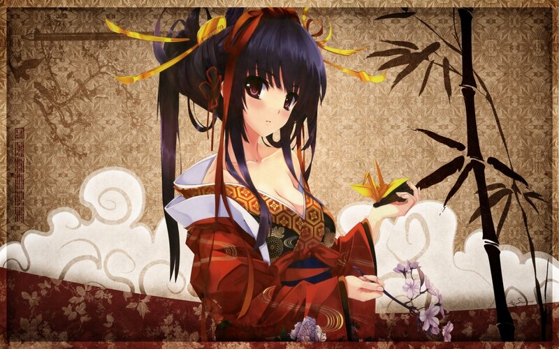 Anime Girl in Kimono — Red, Serene, Digital Art, Bamboo