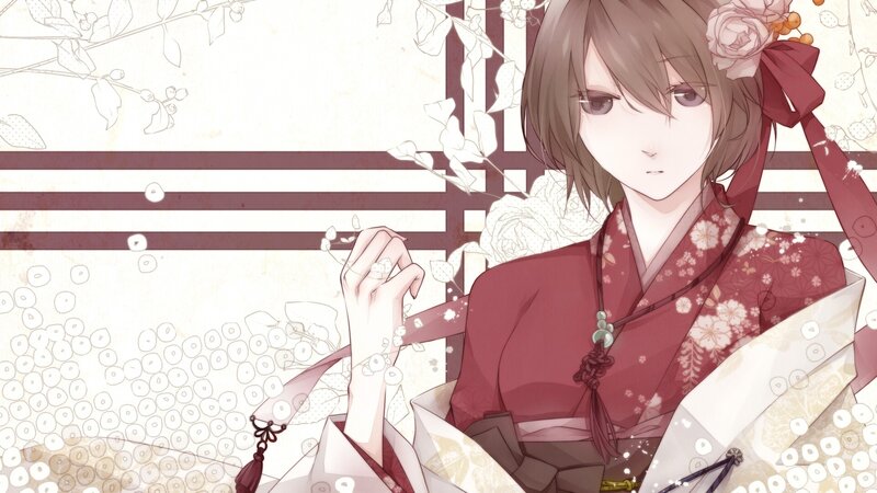 Anime Girl in Kimono — Red, Serene, Digital Art, Flower