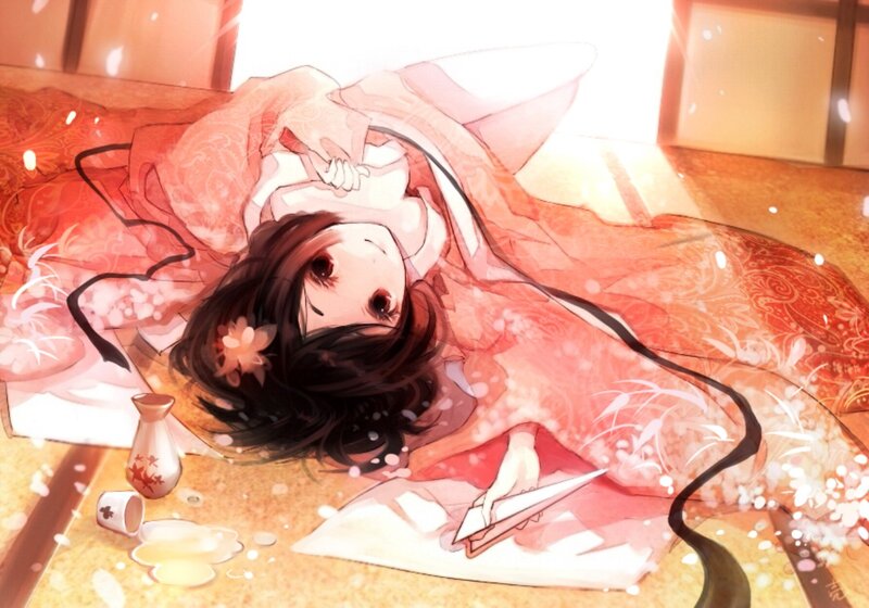 Anime Girl in Kimono — Red, Serene, Morning