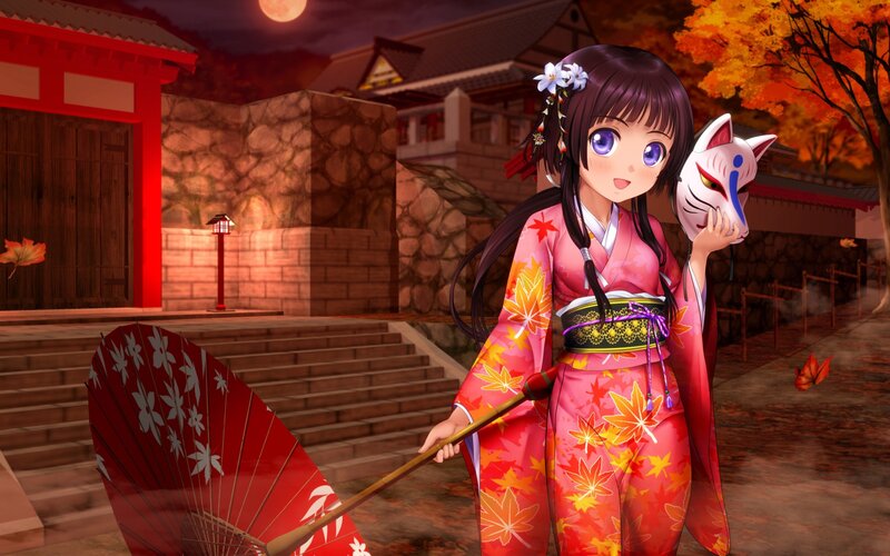 Anime Girl in Kimono — Red, Serene, Night, Digital Art, Fan