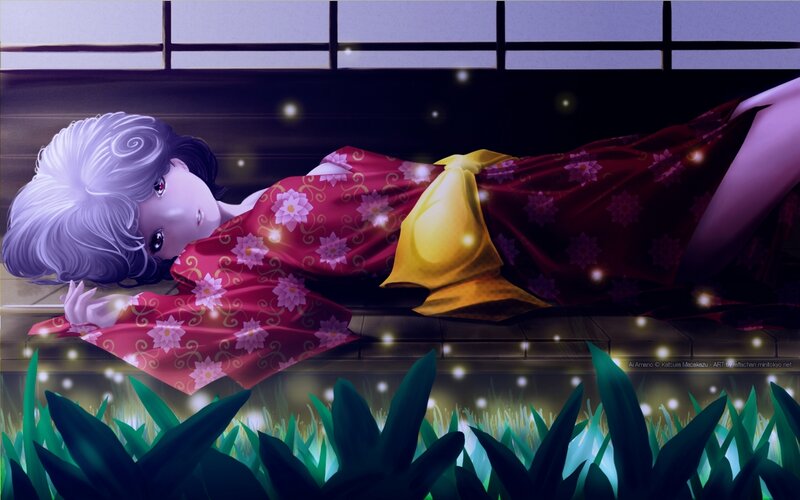 Anime Girl in Kimono — Red, Serene, Night, Digital Art, Fireflies