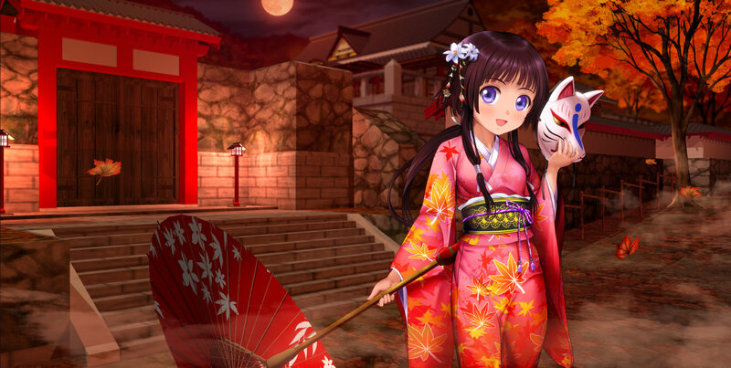Anime Girl in Kimono — Red, Serene, Night, Digital Art, Fox Mask