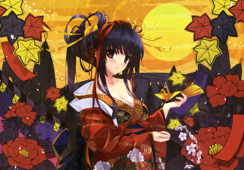 Anime Girl in Kimono — Red, Serene, Night, Digital Art