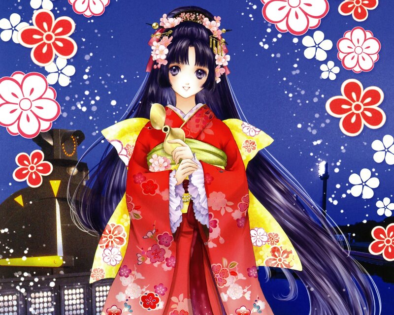 Anime Girl in Kimono — Red, Serene, Night, Manga