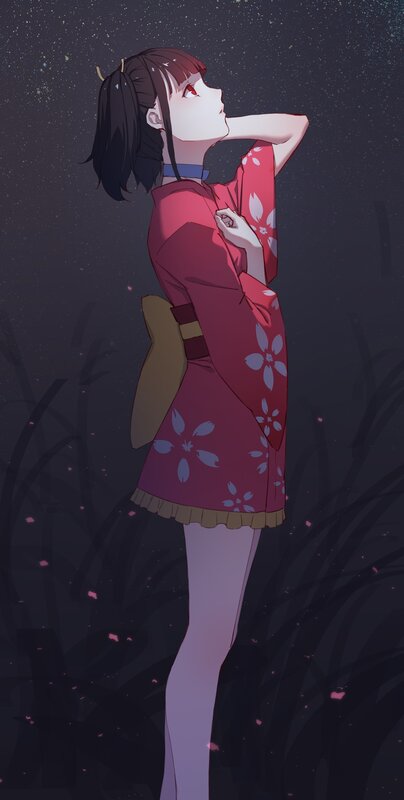 Anime Girl in Kimono — Red, Serene, Night, Night Sky