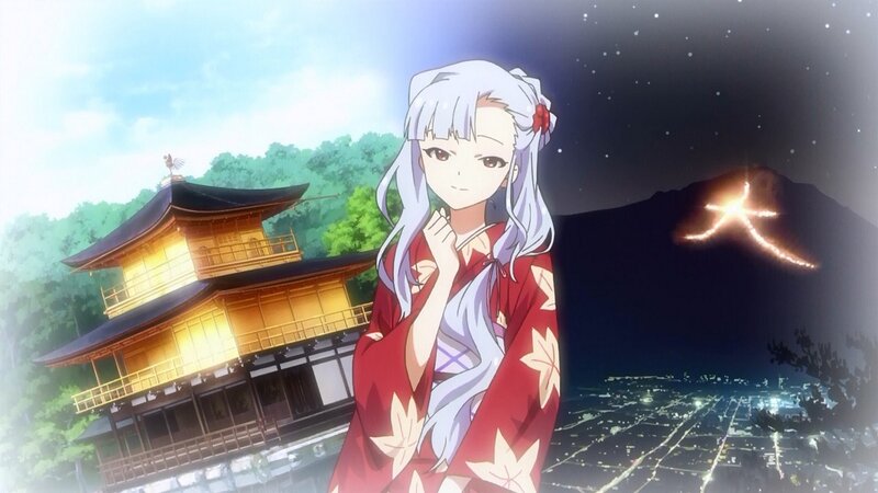 Anime Girl in Kimono — Red, Serene, Night, Temple