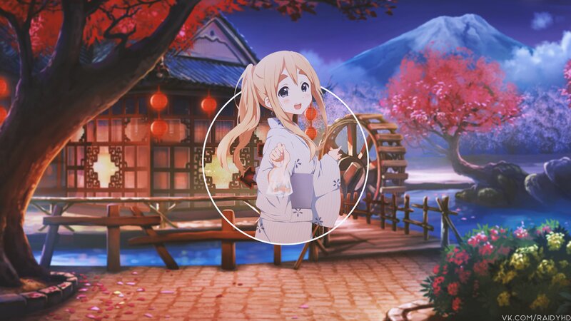 Anime Girl in Kimono — Red, Serene, Night, Water Wheel