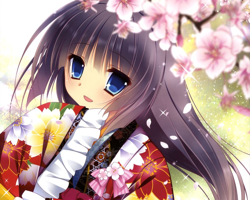 Anime Girl in Kimono — Red, Serene, Spring, Cherry Blossoms, Blue Eyes