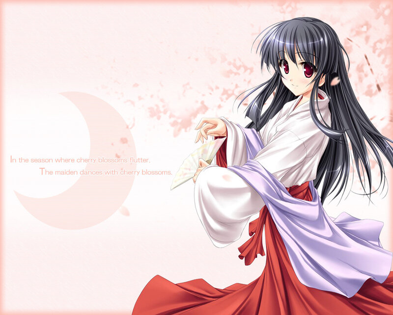 Anime Girl in Kimono — Red, Serene, Spring, Cherry Blossoms, Fan
