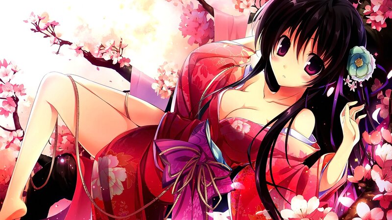 Anime Girl in Kimono — Red, Serene, Spring, Cherry Blossoms, Flower