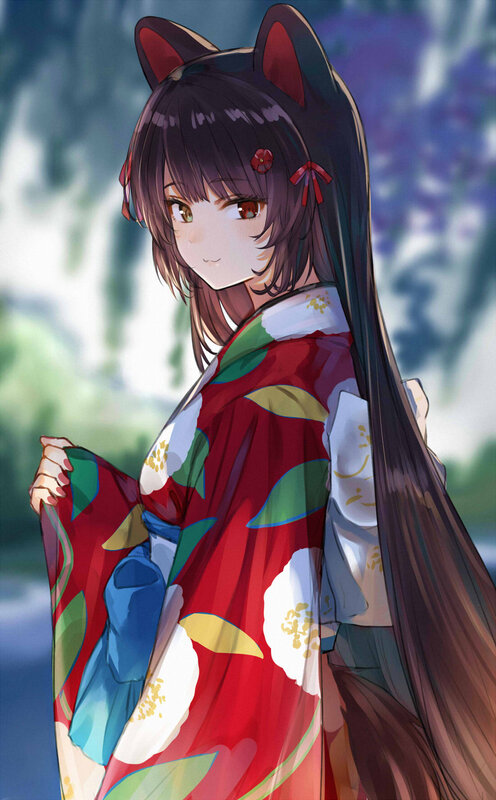 Anime Girl in Kimono — Red, Serene, Spring, Digital Art, Cat Ears