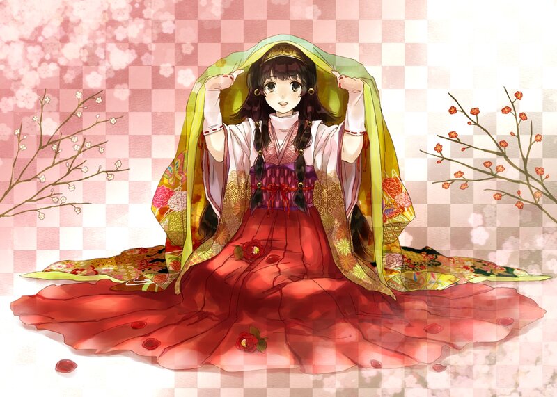 Anime Girl in Kimono — Red, Serene, Spring, Digital Art, Cherry Blossoms, Branches