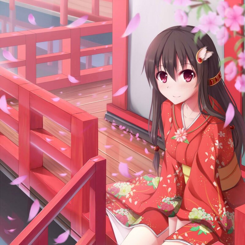 Anime Girl in Kimono — Red, Serene, Spring, Digital Art, Cherry Blossoms, Bridge