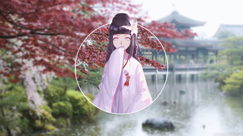 Anime Girl in Kimono — Red, Serene, Spring, Digital Art, Cherry Blossoms, Temple, Pond