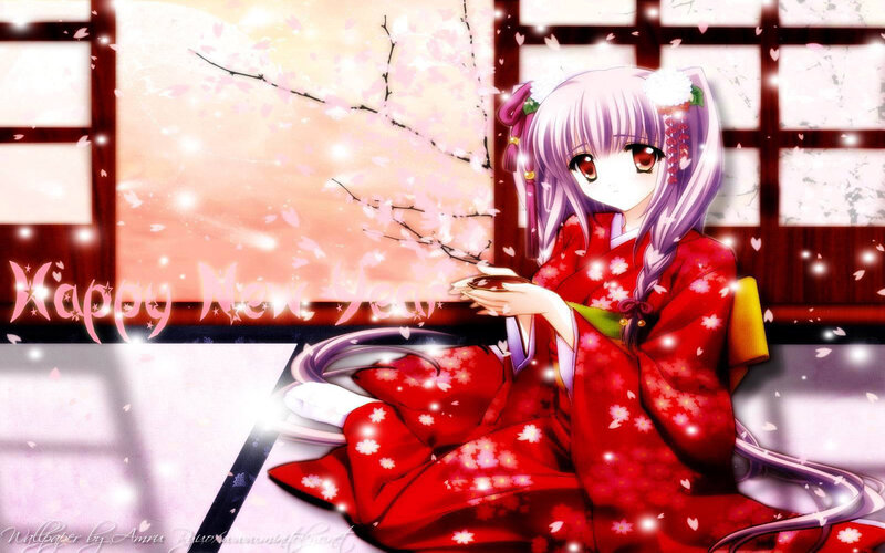 Anime Girl in Kimono — Red, Serene, Spring, Digital Art, Cherry Blossoms