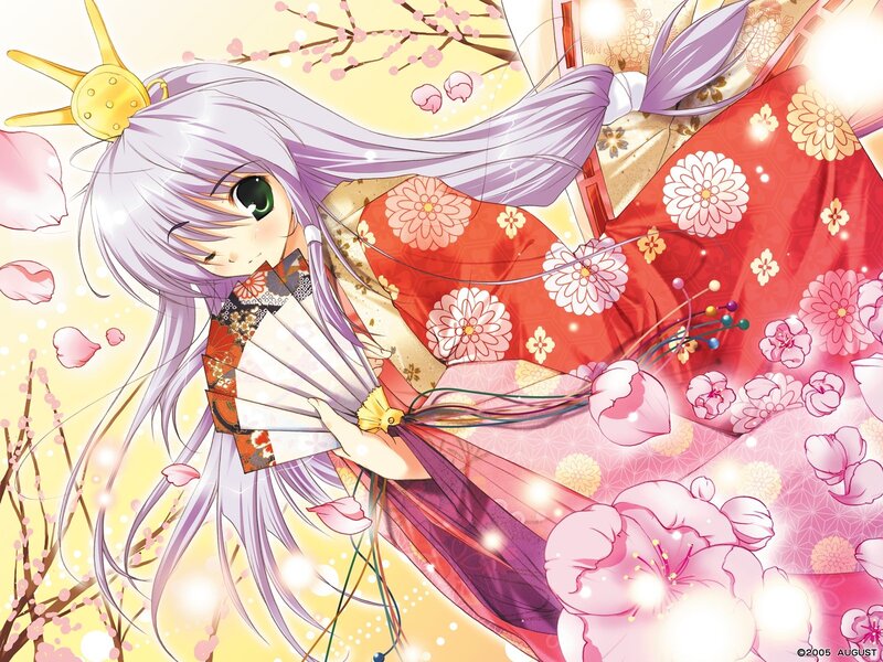 Anime Girl in Kimono — Red, Serene, Spring, Fan, Cherry Blossoms