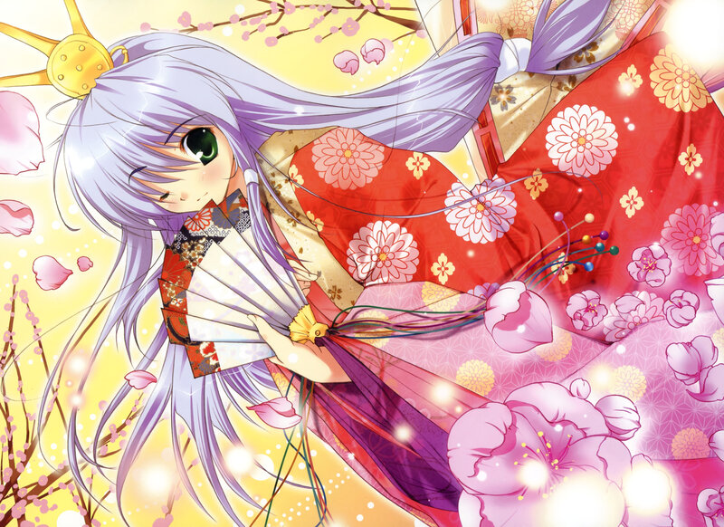 Anime Girl in Kimono — Red, Serene, Spring, Fan