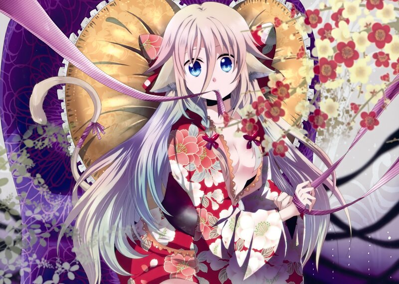 Anime Girl in Kimono — Red, Serene, Spring, Flowers, Cat Ears