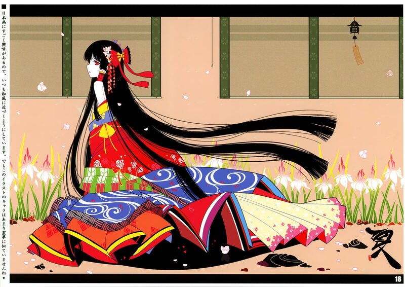 Anime Girl in Kimono — Red, Serene, Spring, Manga, Long Hair, Flowers