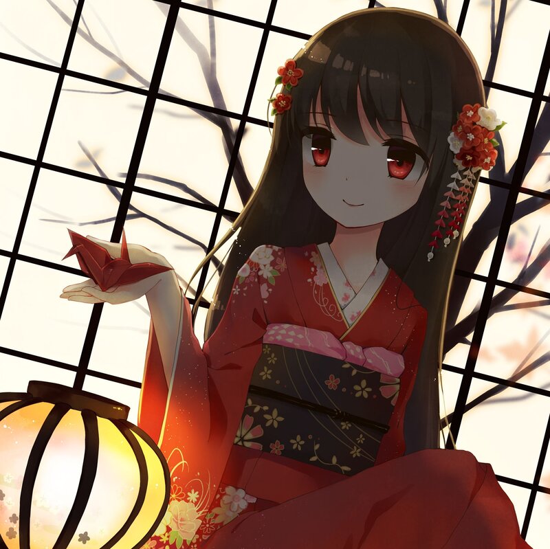 Anime Girl in Kimono — Red, Serene, Spring, Origami Crane, Lantern