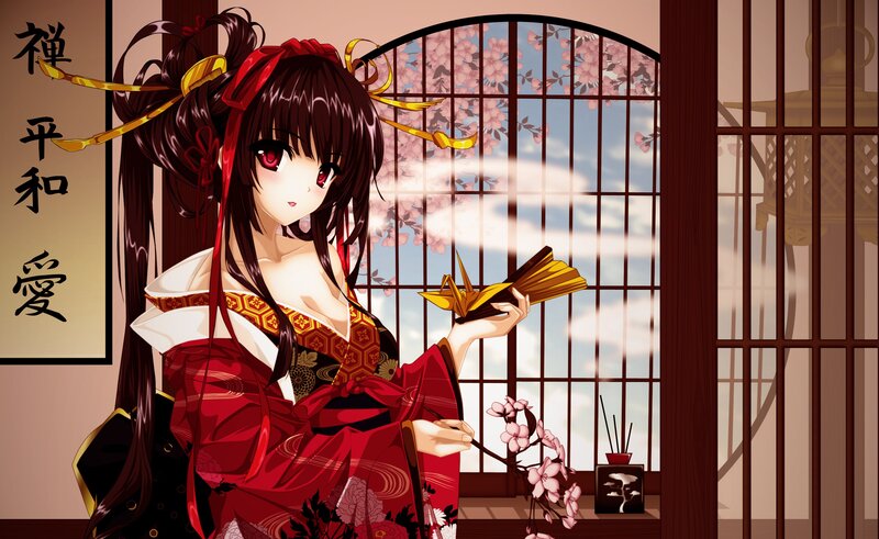 Anime Girl in Kimono — Red, Serene, Spring, Origami Crane