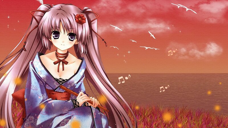 Anime Girl in Kimono — Red, Serene, Sunset, Digital Art